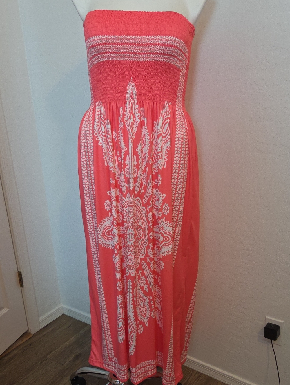 VENUS Coral Strapless Maxi Dress with White Boho Print